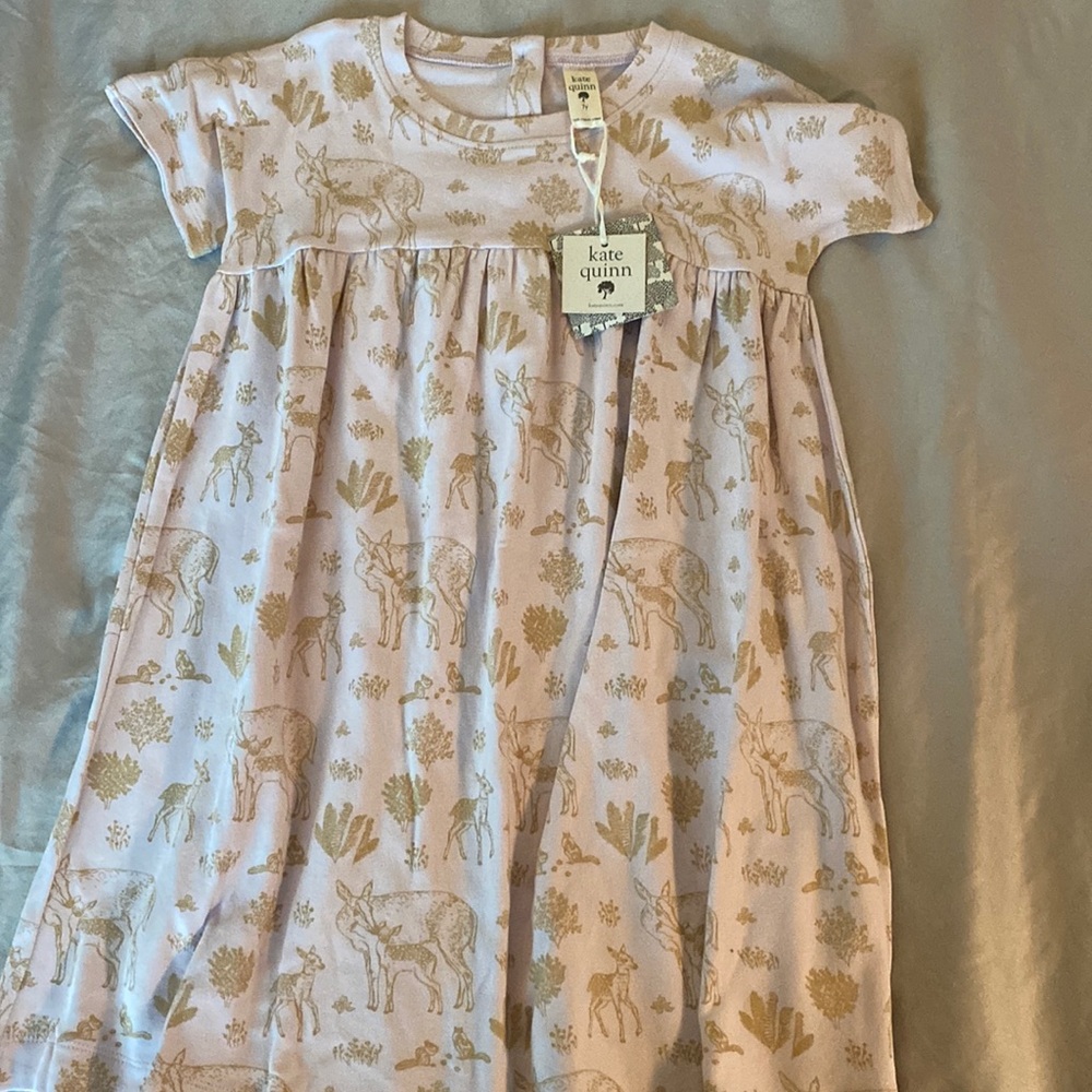 Kate Quinn 100% organic cotton gathered shirttail dress,deer family, NWT,7 years